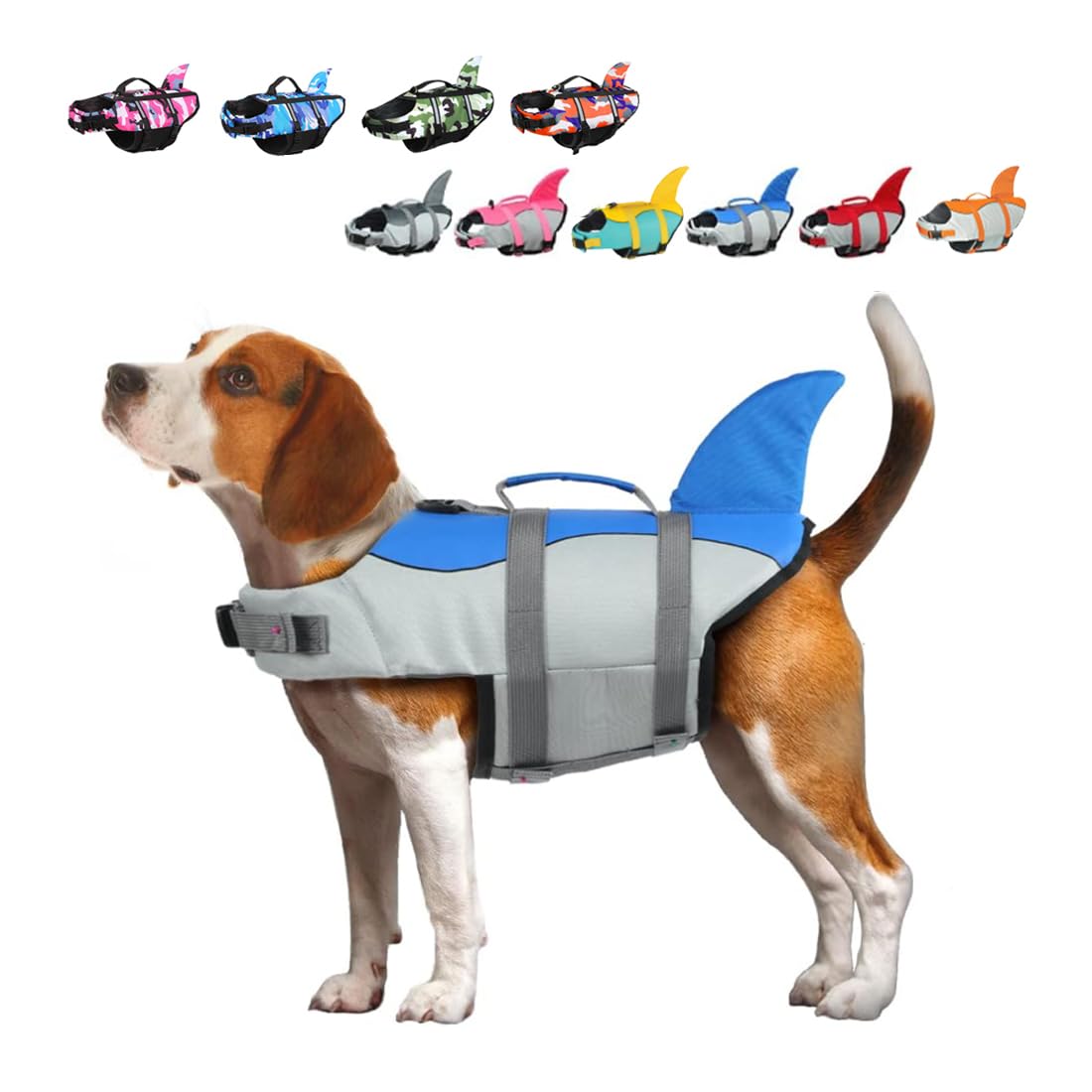 Large Dog Life Jacket Shark, Dog Swimming Safety Vest with Reflective Stripes & Rescue Handle, Adjustable High Buoyancy S/M/L Dog Swim Life Preserver for Water at Pool, Beach, Boating Blue S