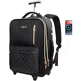 Tilami Rolling Backpack for Women, Carry on Laptop Backpacks with Wheels, 40L Roller Backpack for Travel,Black