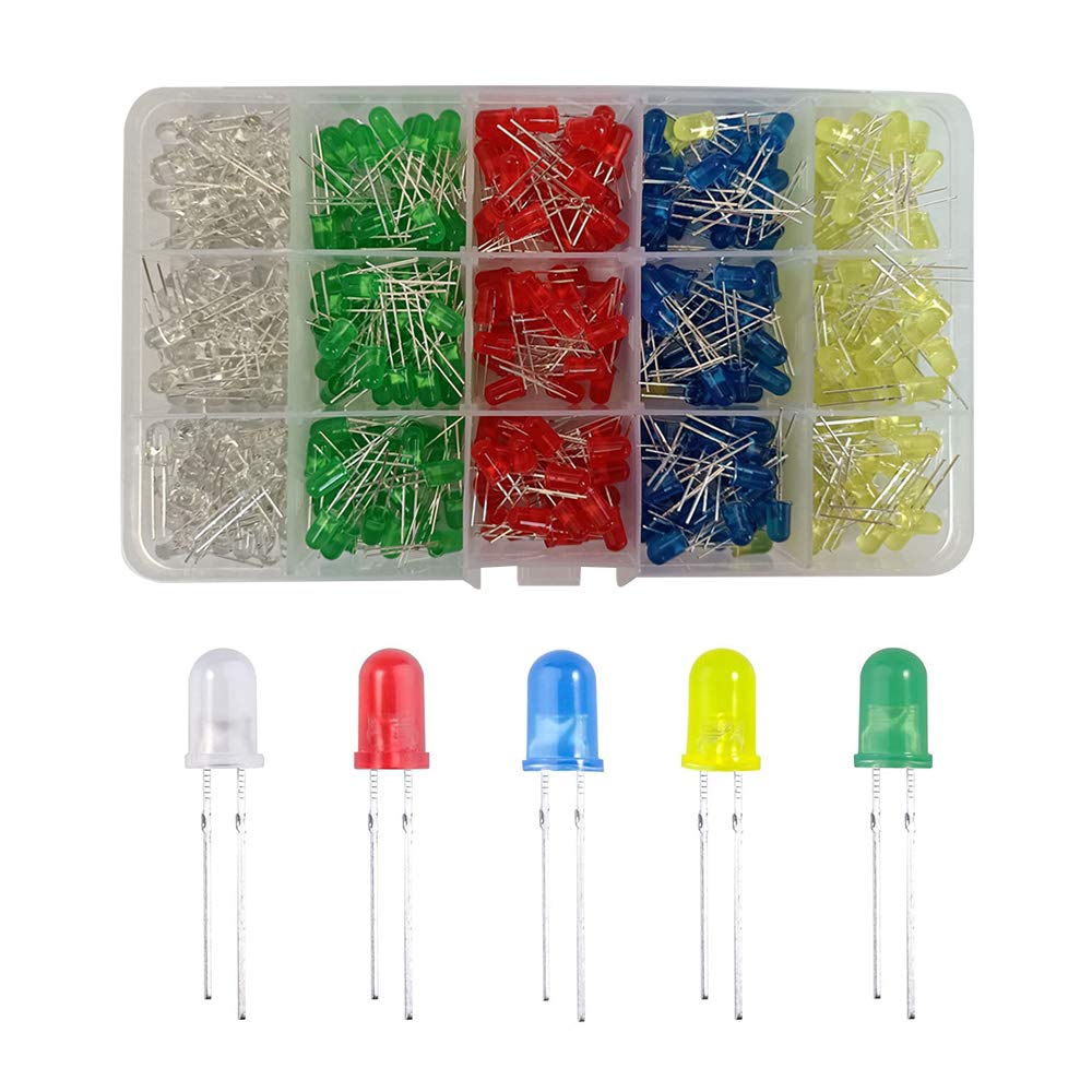 YIXISI 400 PCS 5mm LED Diode Kit, 2-Pin Light Emitting Diodes, Round Head LED Lamp, LED Light Diodes, Assorted Color Diodes Resistor Kit, White/Green/Red/Blue/Yellow