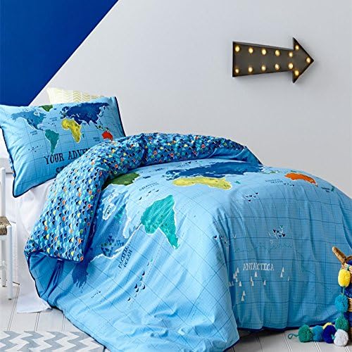 Auvo Kids Bedding Set, World Map Blue Plaid Boys Duvet Cover Sets (Full, 2 Pieces)
