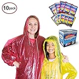 Emergency Disposable plastic rain ponchos - Family 10 pack - drawstring hood and elastic sleeves for maximum water blockage - Perfect for Travel, Theme Parks, Hiking, Fishing, Sports, and Concerts