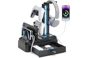 KDD Headphone Stand with USB A&C Charger Ports - RGB Controller Stand with Detachable Hooks - Rotatable Headset Hanger & Devi