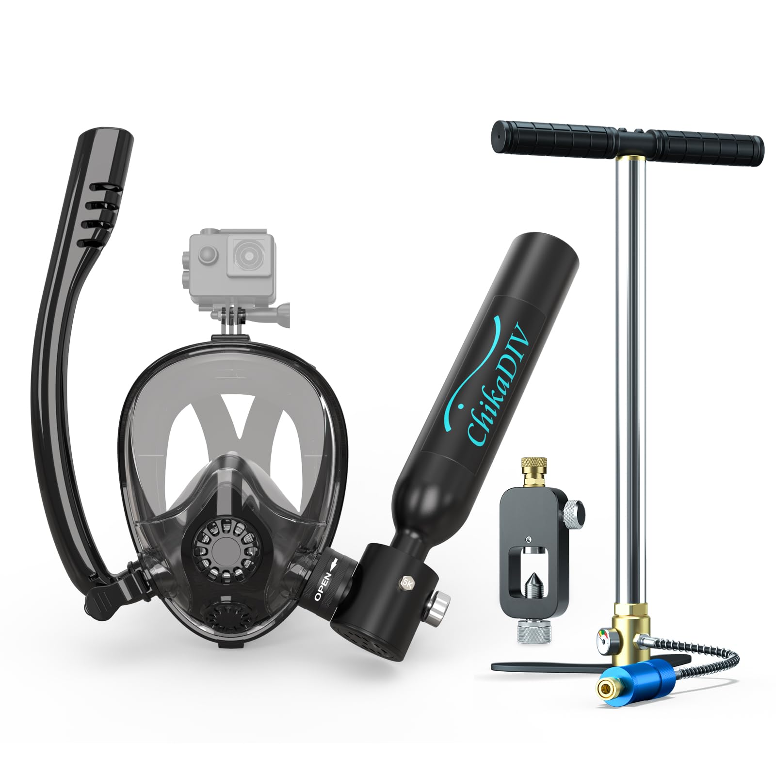 Photo 1 of CHIKADIV Mini Scuba Tank with Sub-Mask, 0.5L Scuba Tank with Snorkel Mask Lung with Full-face Mask Underwater Breathing Mask E Black