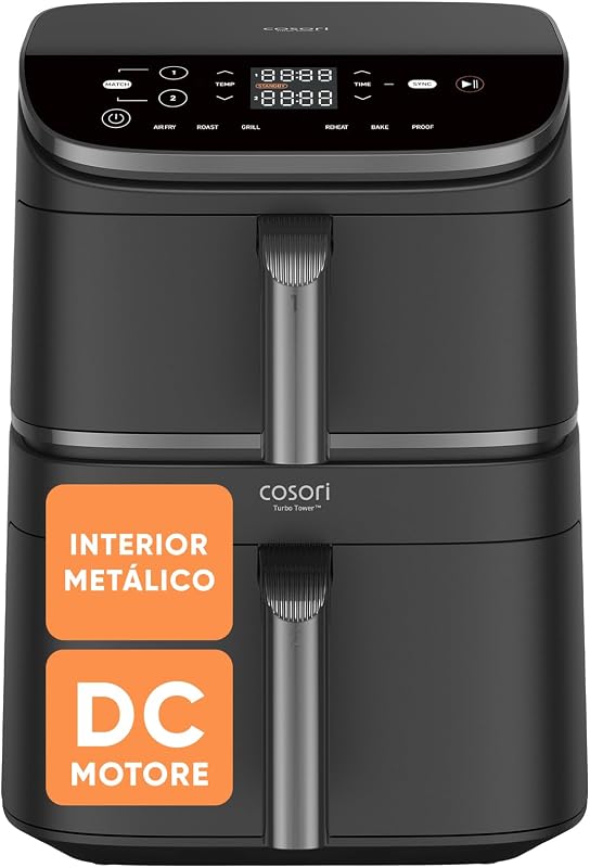 Fritadeira Cosori Turbo Tower 10.8L, Cesta Dupla True Inox, economia de espaço, alta potência de 2630W e mais rápida, 6 funções, refeições sempre equilibradas, cozimento ilimitado, fácil de limpar