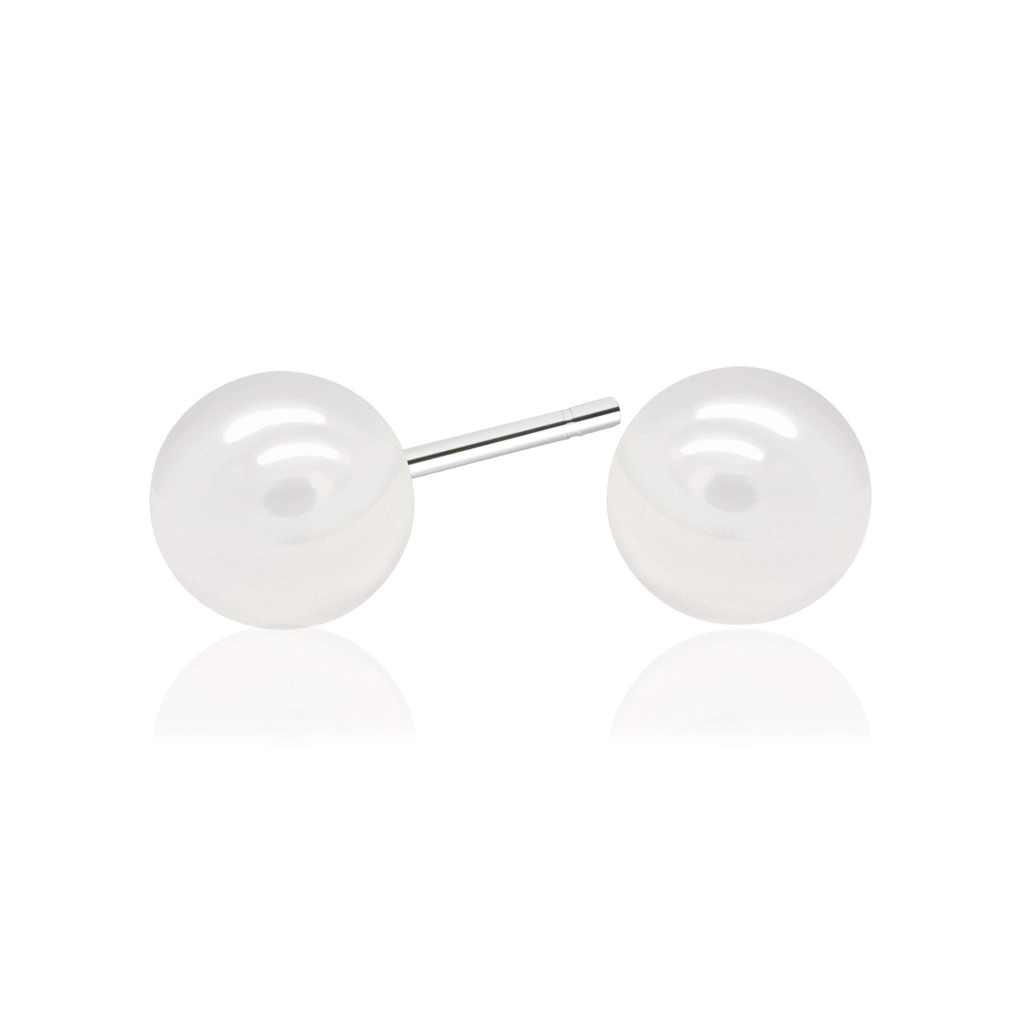 White Smooth Round Shell Base Imitation Pearl Rhodium Plated 925 Sterling Silver Stud Earrings, 6mm