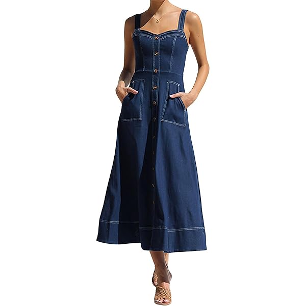 SOMTHRON Women's Adjustable Strap Midi Denim Dress Sleeveless Button Down A-Line Swing Flowy Jean Long Dress ZQ-S Blue at Amazon Women's Clothing store SOMTHRON Women's Adjustable Strap Midi Denim Dress Sleeveless Button Down A-Line Swing Flowy Jean Long Dress ZQ-S Blue at Amazon Women's Clothing store