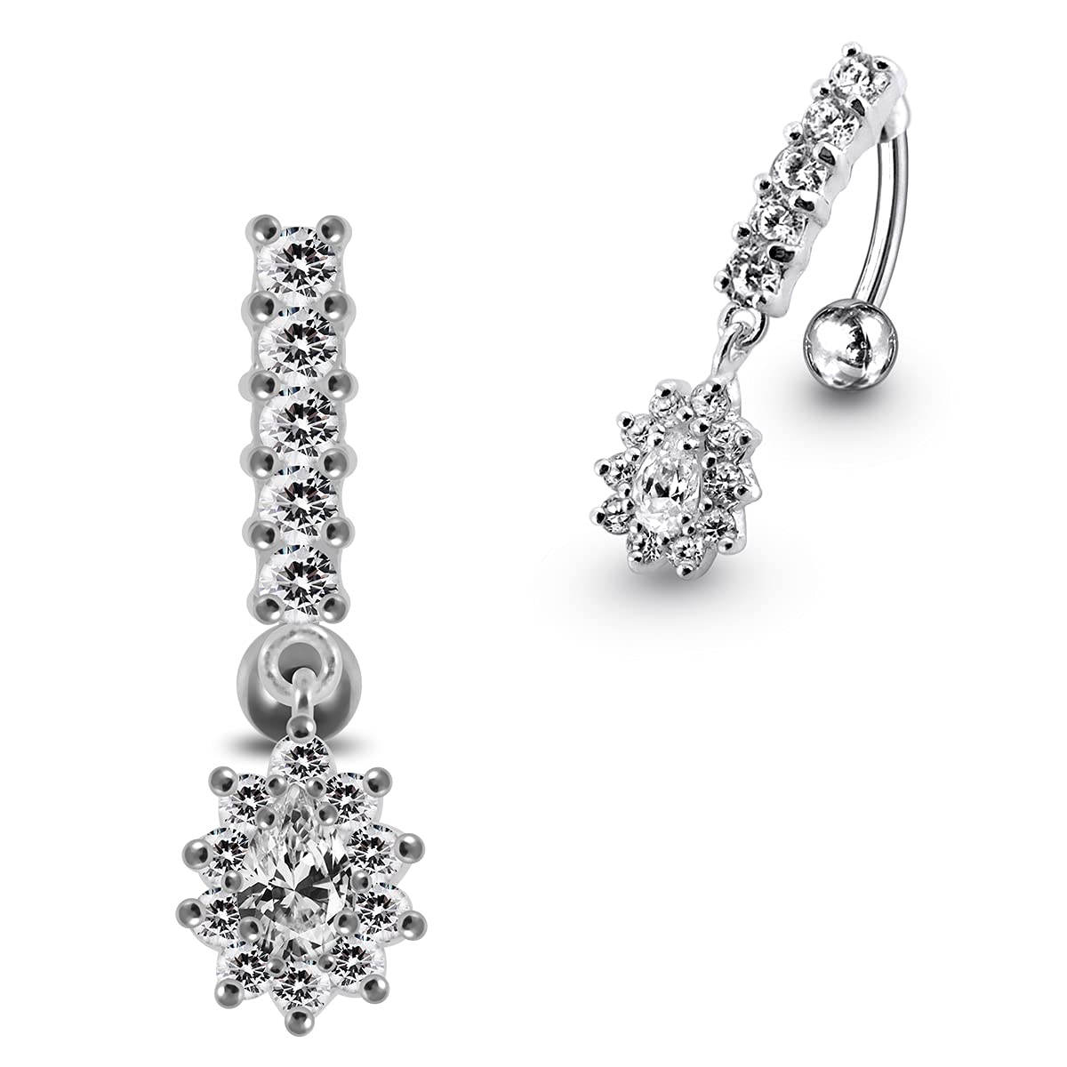 AZARIO LONDON White Crystal Stone Trendy Flowers Design Sterling Silver Belly Bars Piercing