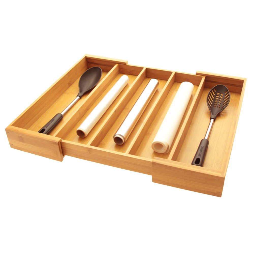 Woodquail Utensils Flatware Cutlery Tray, Kitchen Drawer Inserts Organiser (32.5-56.5 x 46 cm), Made of Natural Bamboo