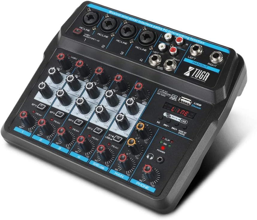 XTUGA AM6 6Channels Audio Mixer Sound Mixing Console with Bluetooth USB Record 48V Phantom Power Monitor Paths Plus Effects Use for home music production, webcast, K song