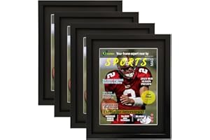 Goldfinch 4 Packs Sports Magazine Frame Displays Magazines Measuring 8.5 x 11.25 or 8.25 x 11 inches with Double Black Core Matting, Deep Frame Moulding, with Installed Hangers