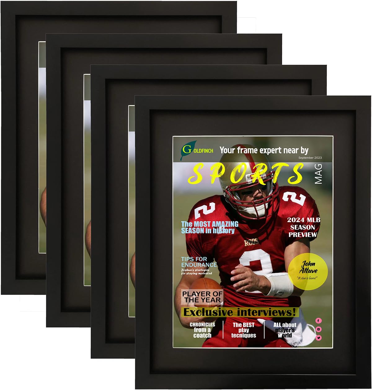 Photo 1 of ****ONLY 3*****4 Packs Sports Magazine Frame Displays Magazines Measuring 8.5 x 11.25 or 8.25 x 11 inches with Double Black Core Matting, Deep Frame Moulding, with Installed Hangers