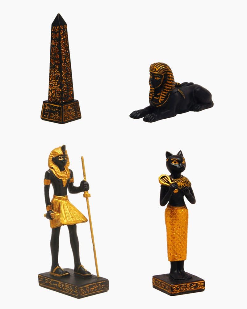 4 Mini Egyptian Deity Deities God & Symbols Figurines Set. Obelisk, Androsphinx Sphinx, Egyptian Guardian, Bastet / Bast. Ancient Egypt Figures. Cute Miniature Gifts