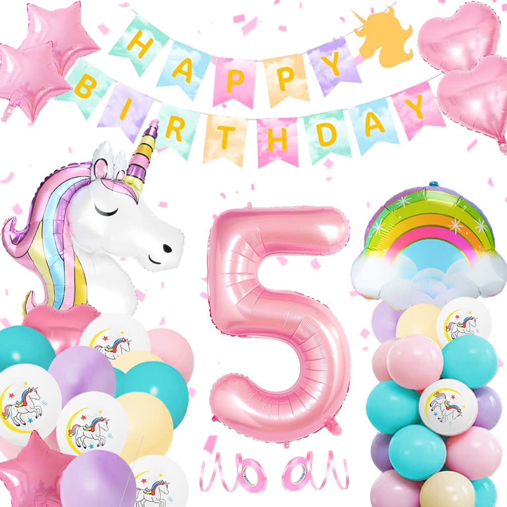 5th Unicorn Balloon Birthday Decoration Girls, 5th Unicorn Party Decoration Balloons, Happy Birthday Banner, Number 5 Giant Unicorn Foil Balloon Birthday Party Supplies for Kids Girls