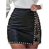 Floerns Women's Rivet Leather Mini Skirt Ruched Floral Lace Date Night Bodycon Skirts