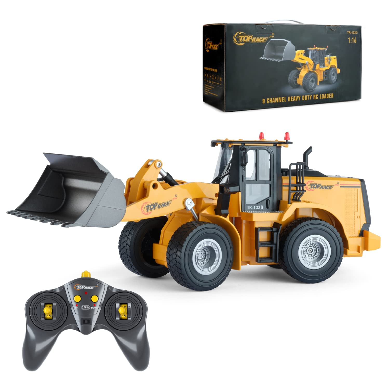 Top Race 9 Channel Toy Truck, Heavy Duty Remote Control Front Loader, RC Construction Tractor with Lights and Sounds, 2.4GHz Metal Shovel and Hobby Quality Parts