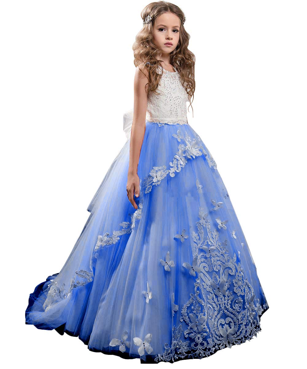 Photo 1 of (used) Flower Girl Dress Kids Lace Beaded Pageant Ball Gowns (Size 6, Royal Blue)