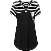 MOQIVGI Womens Short Sleeve Vneck Hi Low Hem Patchwork Tops with Pocket