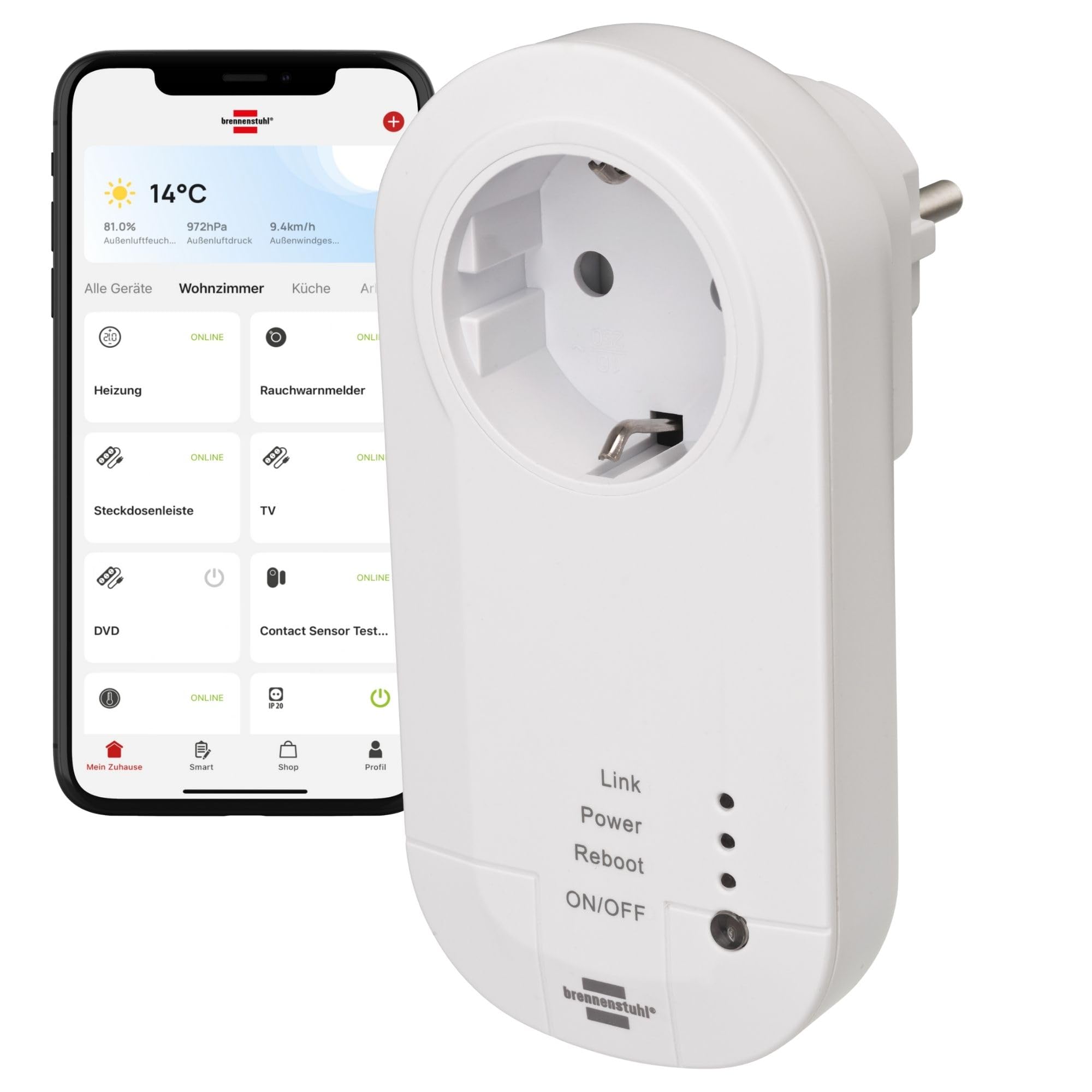 Brennenstuhl Connect WiFi Smart Plug with 433MHz WA 3600 LRF01 433 Transmitter (WiFi Power Socket 2.4 GHz Compatible with Alexa, Google Assistant)