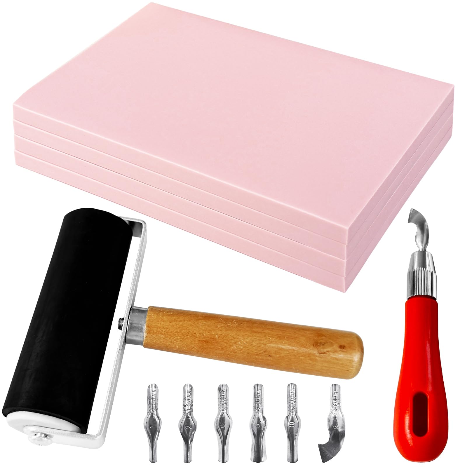 Photo 1 of 4 Pack Rubber Block Stamp Carving Blocks,Rubber Carving Linoleum Blocks with Cutter Tools,Rubber Brayer Roller for Stamp Maker,Printmaking and More Crafts