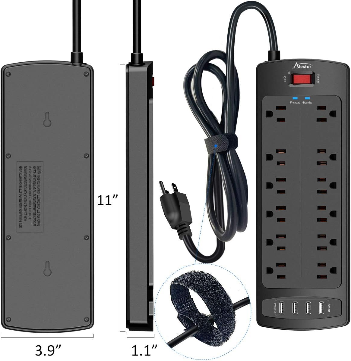 Power Strip , Alestor Surge Protector with 12 Outlets and 4 USB Ports, 6 Feet Extension Cord (1875W/15A) for for Home, Office, Dorm Essentials, 2700 Joules, ETL Listed, - Black: Electronics