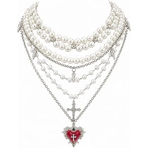 Layered Pearl Necklace for Women, Goth Cross Multi Stacked Necklace with Punk Gothic Pendant, Adjustable Halloween Costume Je