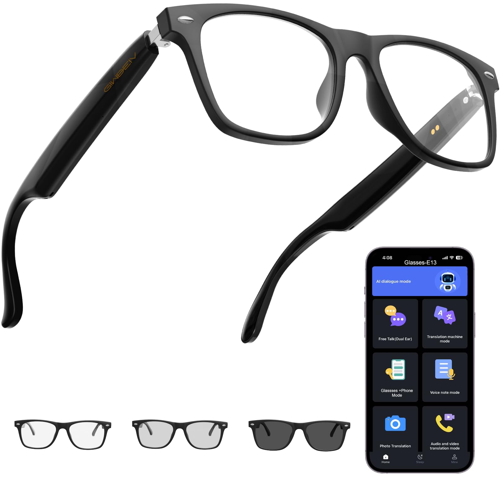 Photo 1 of AI Translation Smart Glasses with Chat GPT for Men and Women, Bluetooth Sunglasses with Translator 164 Languages and Color-Change Lens, Music Playback & Hands-Free Calls, UV & Blue Light Protection