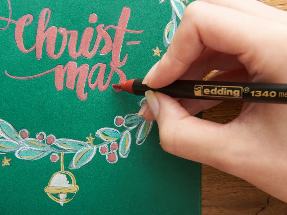 edding 1340 Metallic Brush Pen - Christmas Set - 4 Pens - Flexible Brush Nib 1-6 mm - Metallic Marker for Labelling, Drawing and Sketching - High Coverage Even on Dark Paper