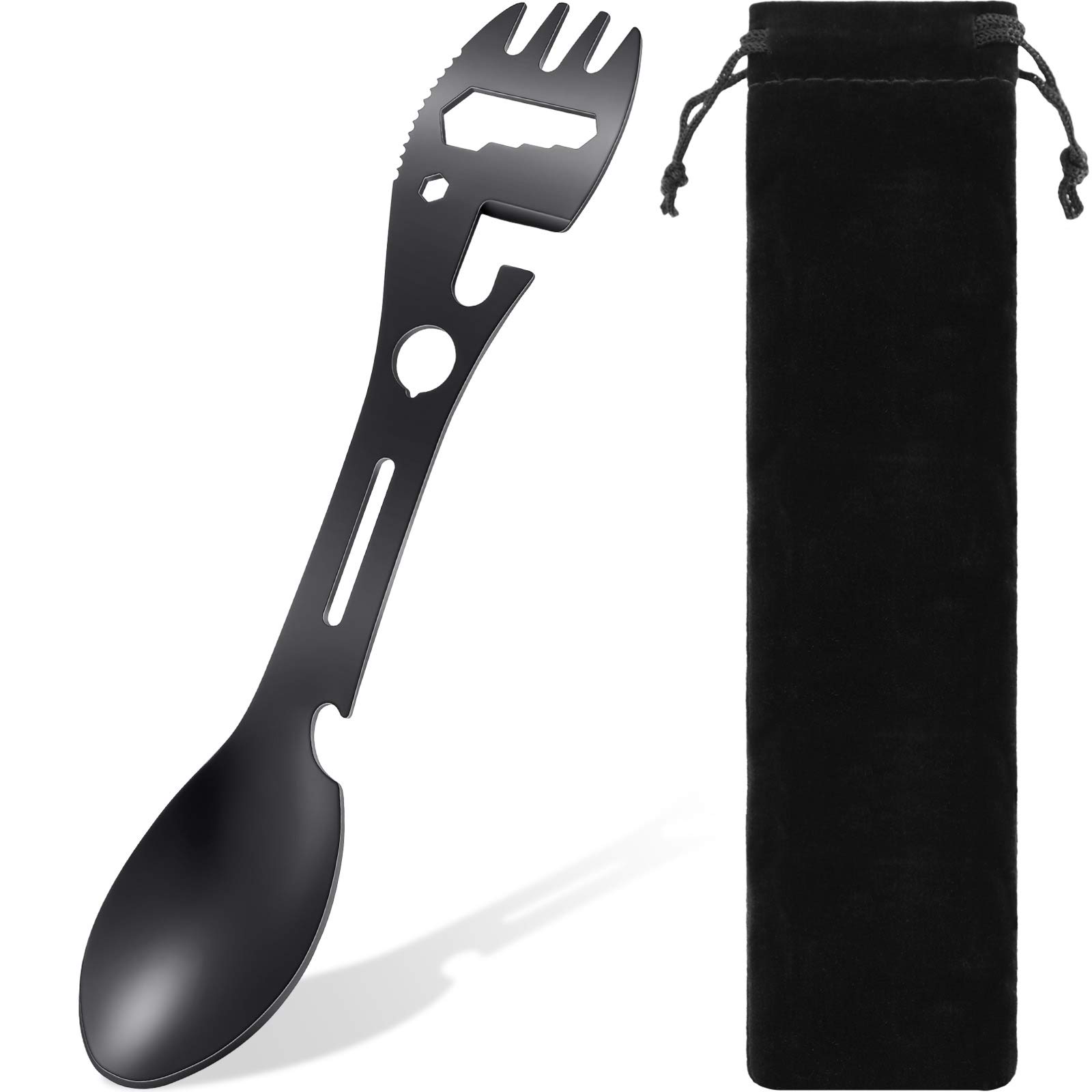 Utility Camping Spork 8 in 1 Travel Stainless Cutlery All in One Spoon, Can Opener, Knife Outdoor Steel Spoon for Scouts Camping Travel Eating Tool Easy to Store Cloth Case