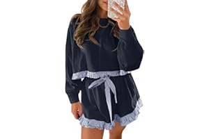 Fisoew Women's 2 Piece Lounge Sets Color Block Ruffle Cropped Sweatshirts Loose Drawstring Waist Shorts Sweatsuits