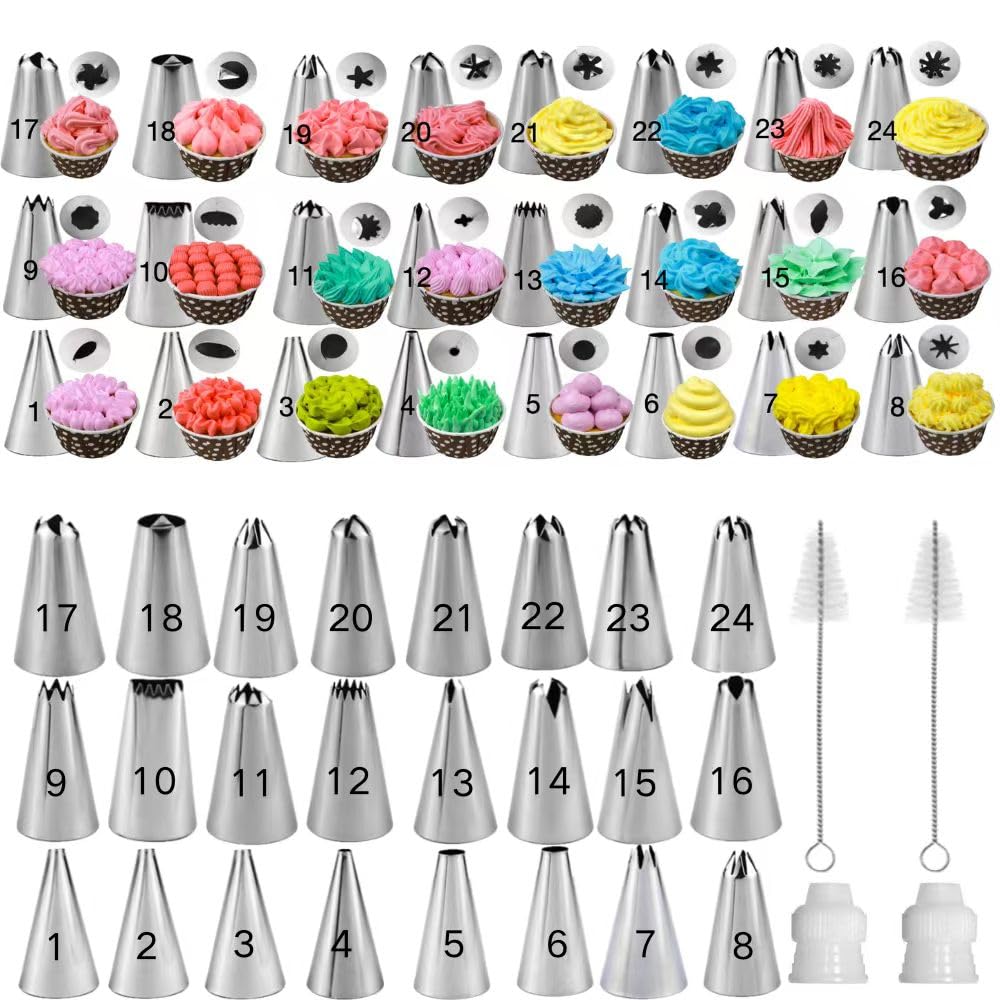 Photo 1 of 28Pcs Piping Tips Set?Stainless Steel Frosting Piping Kit with 24 Piping Tips, 2 Standard Icing Piping Tips Couplers, and 2 Cake Decorating Tips Brushes,Cake Decorating Tips Kit For Cookies Cupcake