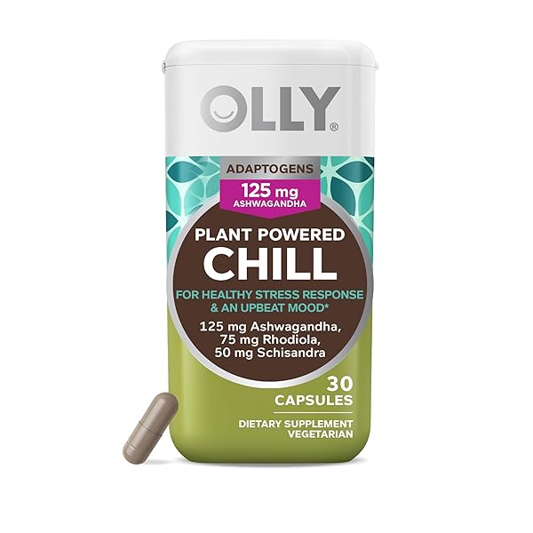 OLLY CHILL ADAPTOGEN, ASHWAGANDHA, MOOD SUPPORT SUPPLEMENT WITH RHODIOLA ROOT, VEGETARIAN CAPSULES – 30CT
