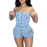 Quzzion Women's Summer Denim Jumpsuit Sexy Sleeveless Jean Short Rompers with Pockets