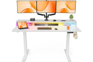 ErGear Standing Desk with LED Strip, 55″ x 28″ Electric Height Adjustable RGB Gaming Table with Shelf, Sit Stand Desk with Dual Cable Holes, C-Clamp Mount Compatible, 4 Preset Heights, White