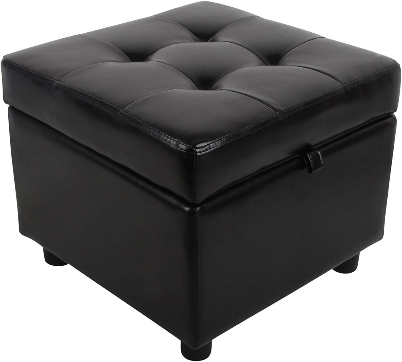 Tufted Leather Square Flip Top Storage Ottoman Cube Foot Rest, Black