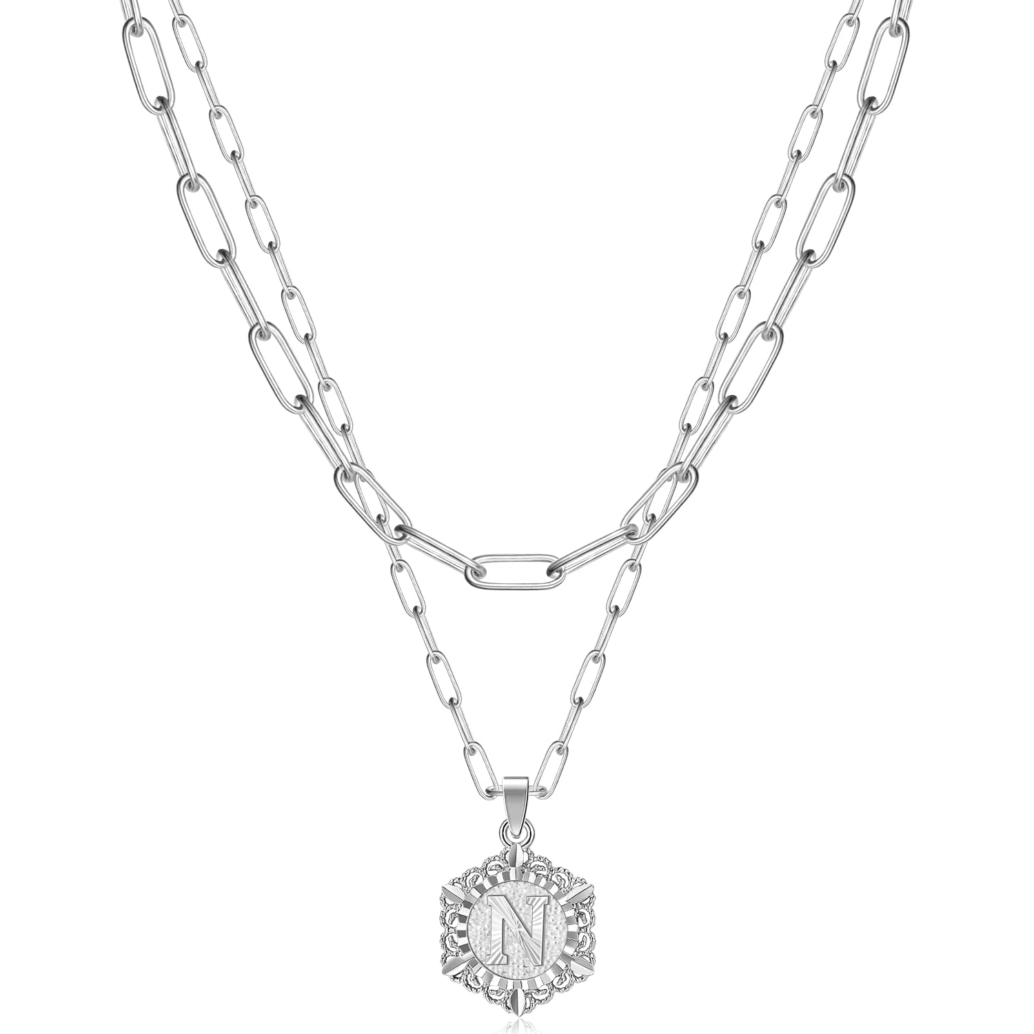 KissYan Initial Necklaces for Women, 14K Gold Plated Hexagon Letter Pendant Silver Chain Dainty Layered White Gold Paperclip Link Adjustable Capital A-Z Choker Necklace Trendy Jewelry Gifts