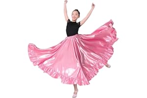 WJPUUS Satin Full Long Skirt for Circle Ruffle Skirt Satin Flowy Latin Belly Dance Umbrella Dress for Girls 8-12 Years