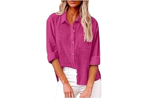 FSWGJFJJ Womens Cotton Linen Button Down Shirt 2024 Fall Casual Long Sleeve Solid Color Shirts Loose Work Tops with Pockets