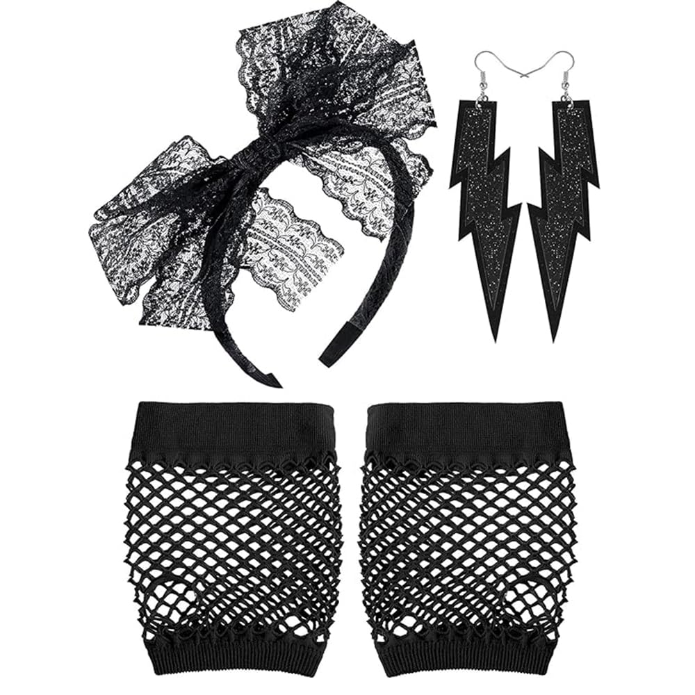 mefound 80s Fancy Dress Costume Accessories Set 1980s Fancy Party Costume Set for Women Lace Headband Earrings Fishnet Gloves 80s Retro Party