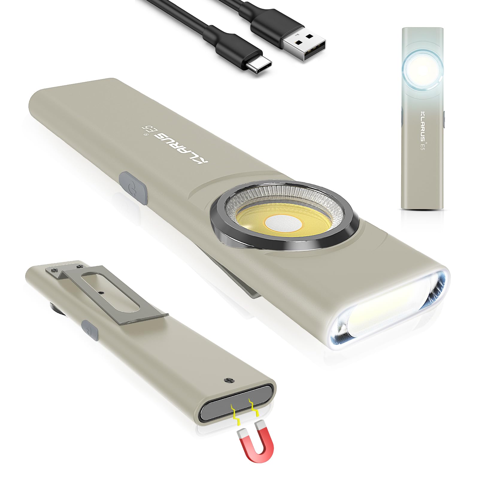 klarus E5 Pocket Flashlight, Rechargeable EDC Flashlight, Super Slim 4.2x1x0.3inch, 600 Lumens, USB-C Port, IPX4, Dual Light Source with Magnetic Base, Hat & Clothes Clip (Gray)