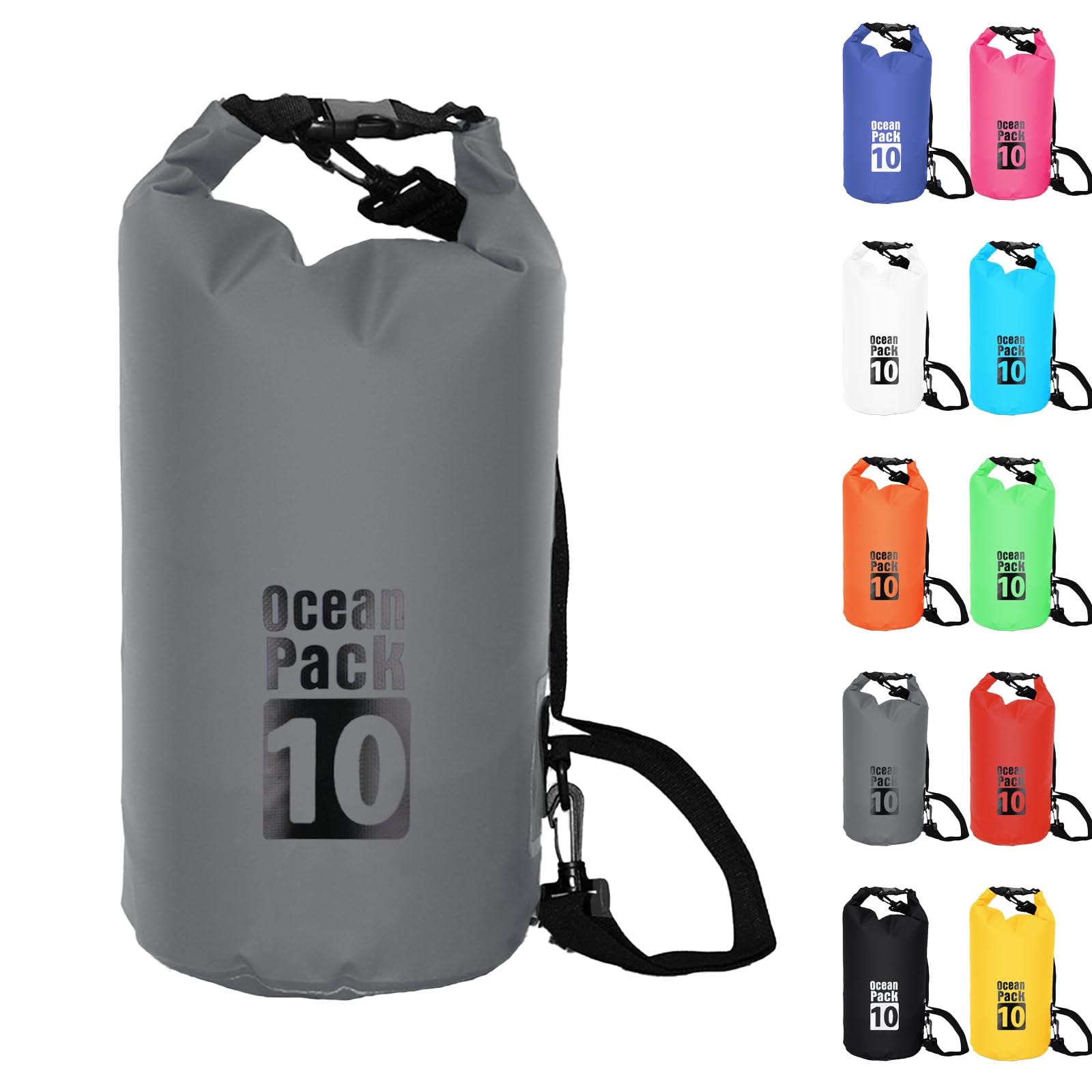 Dry Bag 10L, Boat Dry Bags Grey Waterproof Bag Dry Sack Roll Top Long Adjustable Shoulder Strap 2L/5L/10L/20L/30L/40L for Drifting Boating Kayaking Fishing Rafting Swimming Camping Canoeing Surfing