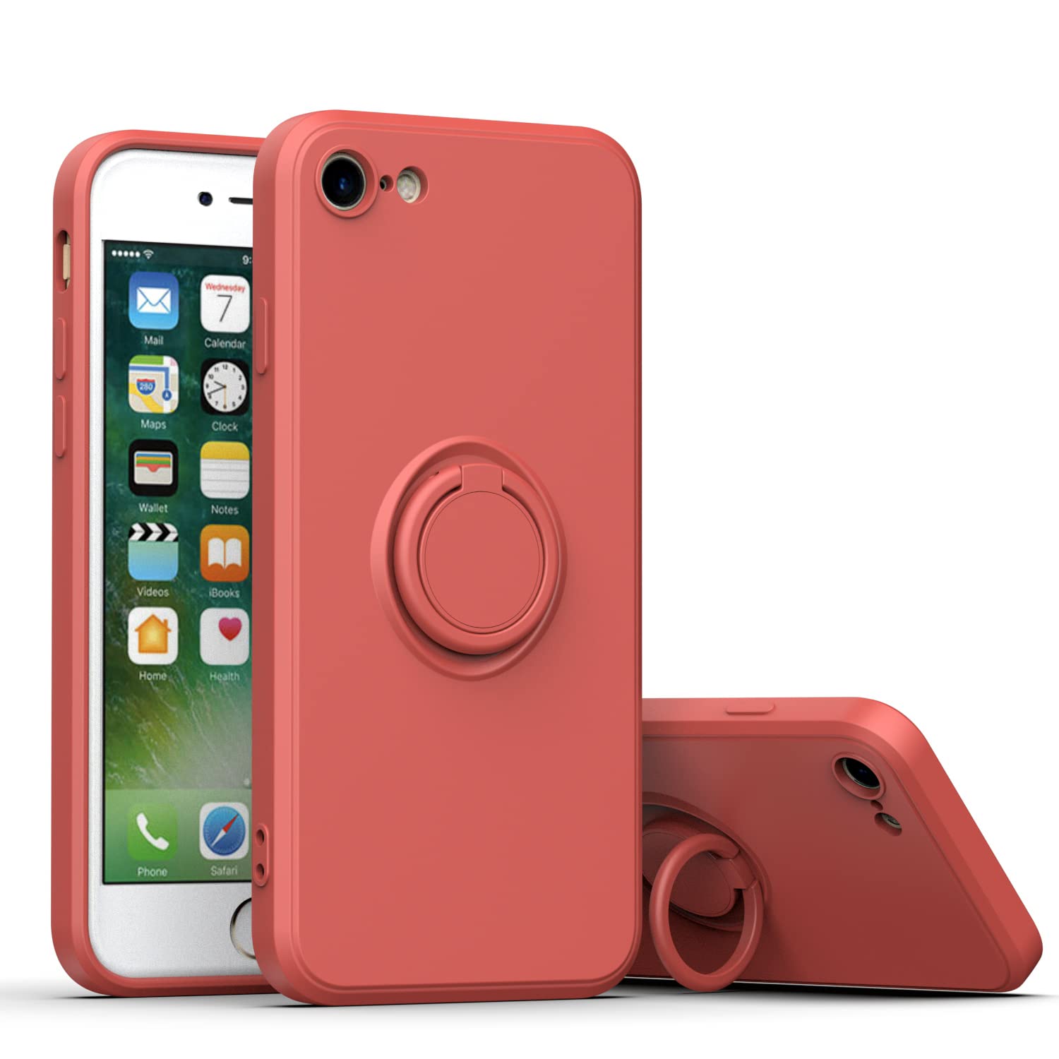 iPhone SE 2022/2020/8/7 Case With Built-in Ring Holder - Anti-Scratch Soft Silicone With Hidden Kickstand, Slim TPU Bumper, Shockproof Protective Back Cover - Hawthorn Red