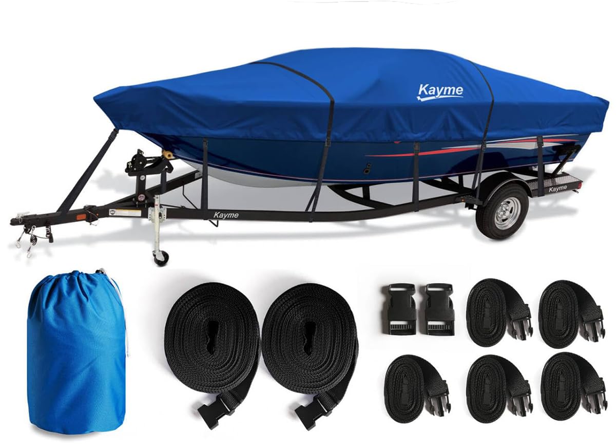 Photo 1 of Kayme 1200D Heavy Duty Boat Cover for up to 15ft Boats - Waterproof, Tear Resistant with Reinforced Windproof Straps, Ideal for Fishing, Bass, Fish & Ski,V-Hull Boat.