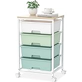 SYKIARIOL Utility Cart with 4 Drawers,Rolling Storage Cart with Drawers,Storage Rolling Drawer Cart with Wooden Tabletop for Bedroom,Kid's Room,Dorm,Classroom,Office,Green