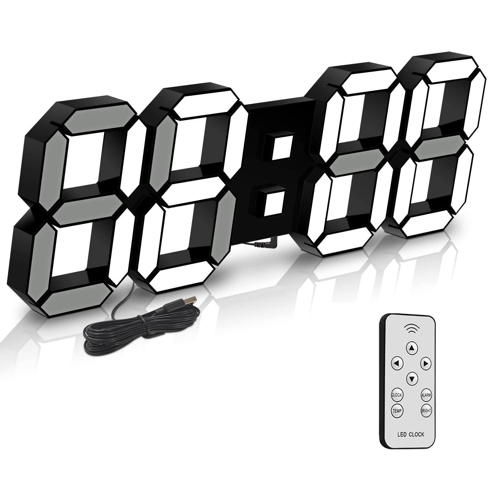 Deeyaple Led Digital Alarm Clock 3D Small Wall Clock No Noise Snooze Dimmable Time Memory 12/24 Date Temperature Remote Control Night Light Office Kitchen living Room Bedroom (Black, 38CM)