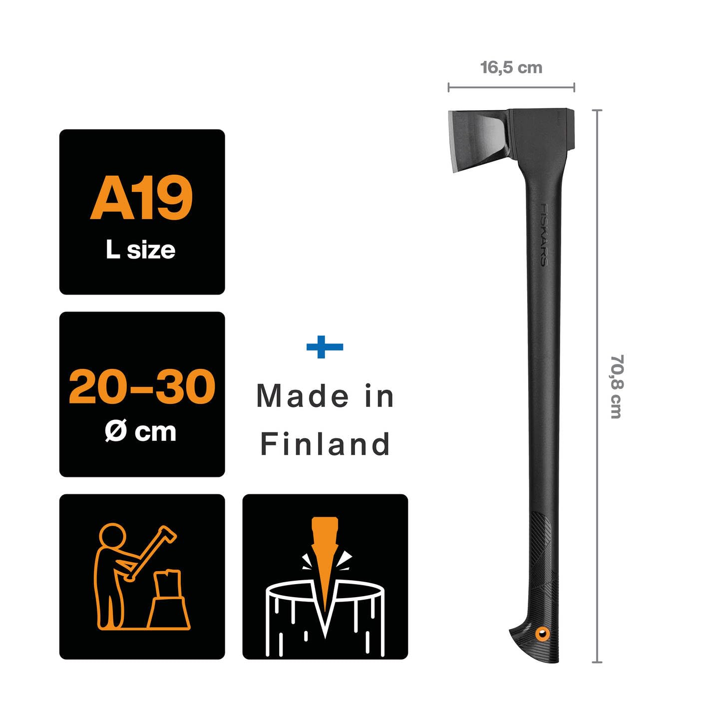 Fiskars Spaltaxt L, Solid, Mit Klingen- und Transportschutz, Antihaftbeschichtet, Hochwertige Stahl-Klinge/Glasfaserverstärkter Kunststoff-Stiel, Schwarz/Orange, A19, Länge: 65 cm, 1,6 kg, 1052044 2