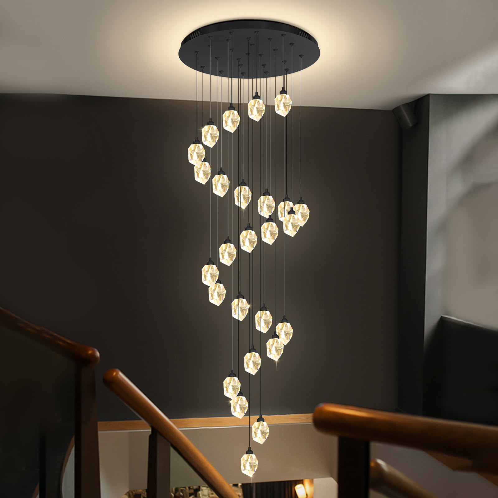 Photo 1 of ***MISSING PARTS*** IDEQUY Large Crystal Drop Chandeliers for High Ceiling 135 inches Long Spiral Staircase Chandeliers High Foyer Ceiling Light LED Dimmable 26 Light Black