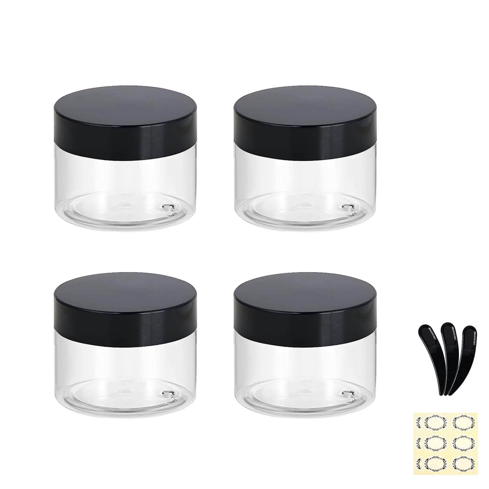 JamHooDirect 4Pcs 100g/100ml Clear Plastic Jars with 3Pcs Mini Spatulas & Labels Round Cosmetic Sample Container with Inner Liners & Black Lids for Lotions Cream Ointments Travel Makeup Beauty Storage