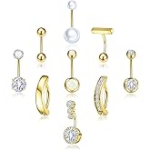 Kenivira Gold/Silver Belly Button Rings Hypoallergenic,Surgical Stainless Pink CZ Opal Pearl Heart Butterfly Bow Flower Piercing Kit,Cute Dangle Belly Button Navel Pack Jewelry