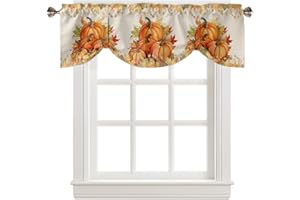 RISQITEN Orange Pumpkins Fall Thanksgiving Tie Up Valance Curtains for Windows, Thanksgiving Kitchen Curtains Window Treatments, Maple Leaf Botanical Short Window Shades Valances for Bedroom Bathroom 54"x18"