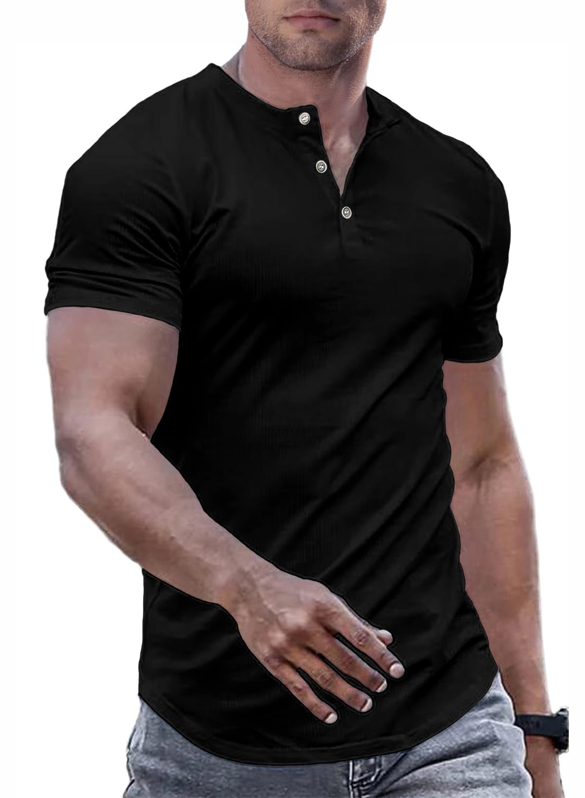 JMIERR Men's Muscle Slim Henley Shirts Crewneck Longline T-Shirt Gym Workout Athletic Shirt Tees with Button